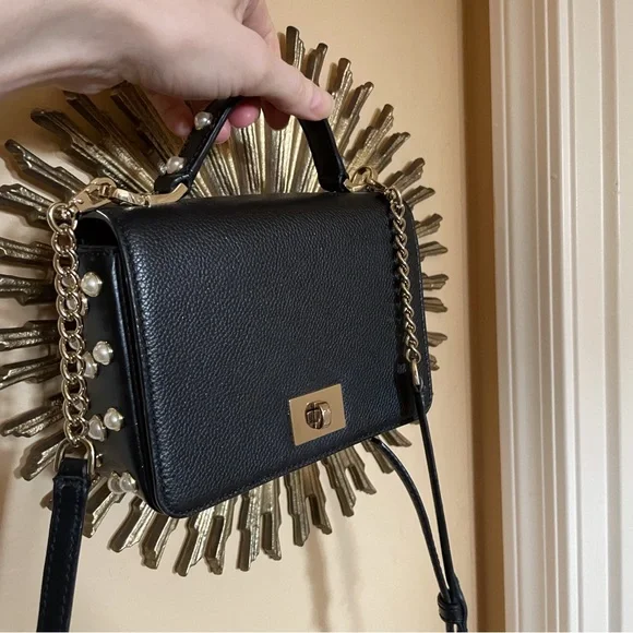 KATE SPADE Black Glitter Leather Serrano Place Pearl Mini Satchel Crossbody Bag